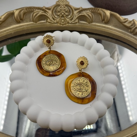 Statement Resin & Gold Sunburst Eye Earrings – Stainless Steel - Picture 4 of 7